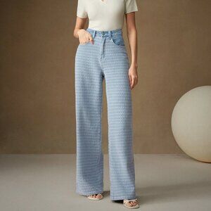 Blue Casual Women's Jacquard Weave Wide Leg Loose Fit Jeans